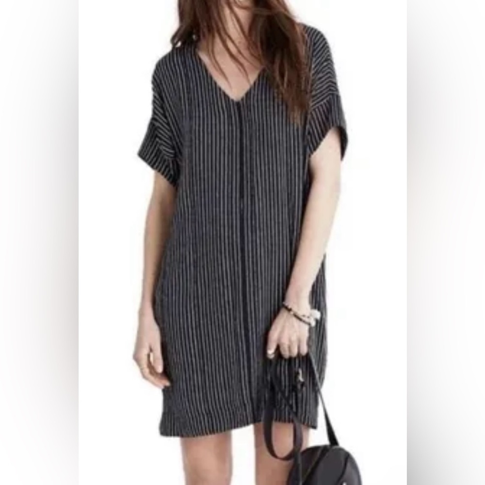 Madewell black and white striped shift dress.